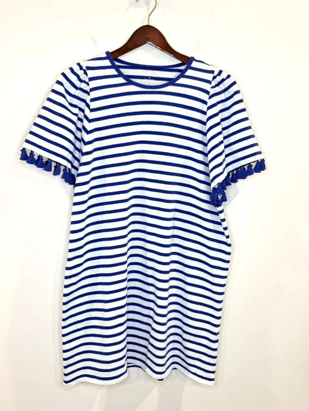 Kate Spade Broome Street Tassel Dress Sz XL Striped Flutter Sleeve Blue Preppy